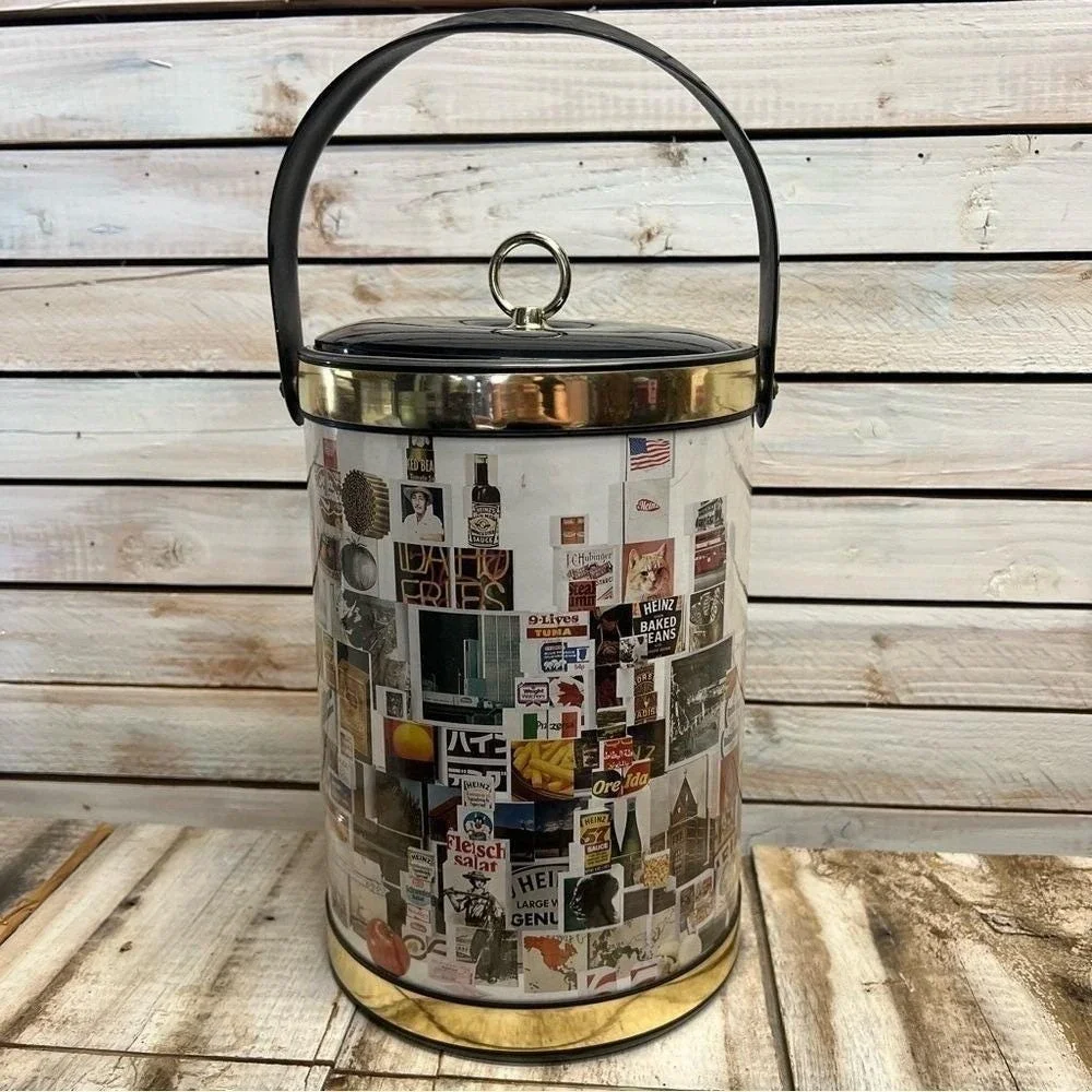 Vintage Retro Advertising Collage Ice Bucket Gold Tone Barware Mid Century